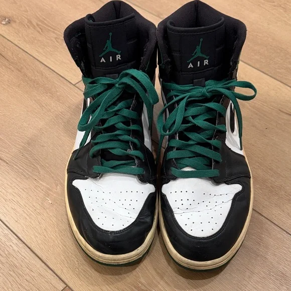Air Jordan Black, Green and White High-Top Sneakers with Green Laces - Picture 1 of 15